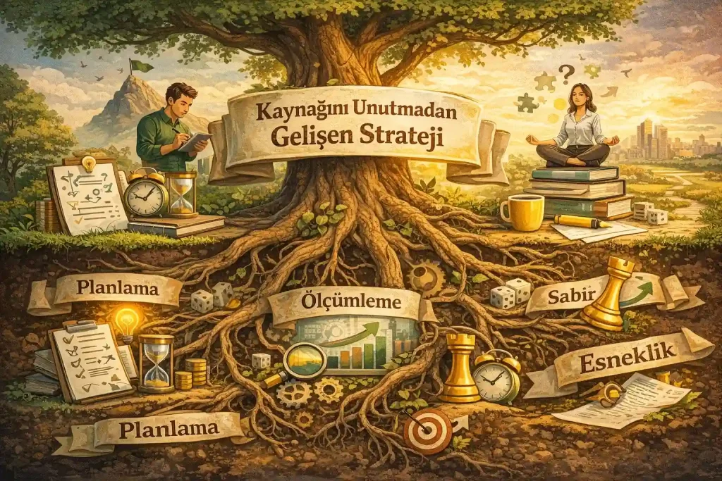 Kökleri güçlü bir ağacın etrafında planlama, ölçümleme, sabır, disiplin ve esnekliği simgeleyen nesnelerle stratejik düşünmeyi anlatan yatay illüstrasyon